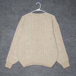 Vintage LL Bean Cable Knit Sweater Mens L Tall Beige Wool Fisherman Made in USA